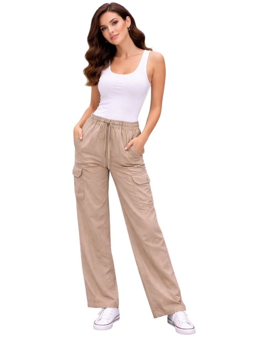 Johnny Was Womens Taupe Satin Straight-Leg Cargo Pants Size Small